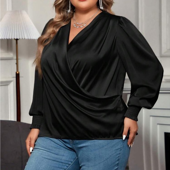 Luxe hot pink bishop sleeve surplice neck shirred cuff blouse - Picture 8 of 16